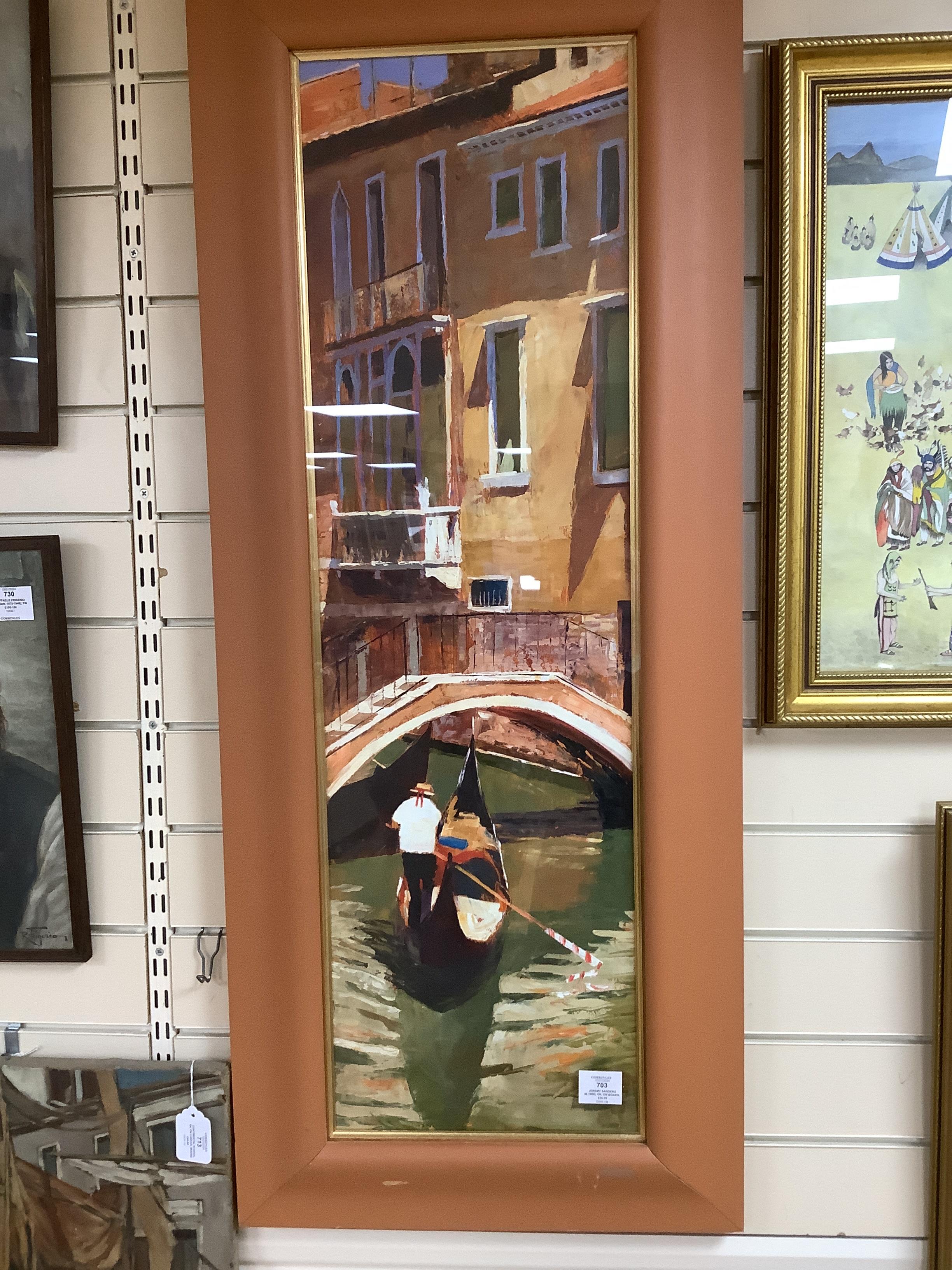 Jeremy Sanders (b. 1969), oil on board, 'Under the Bridge, Venice', initialled, 98 x 28cm
